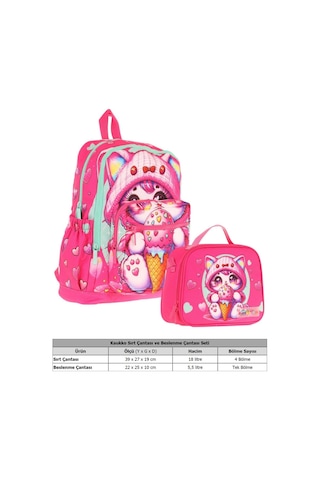 Kaukko Dondurma Yiyen Kedi Baskılı Kız Çocuk Okul Çantası Ve Thermo Beslenme Çantası Seti - Pembe L5250+l7250 Pembe