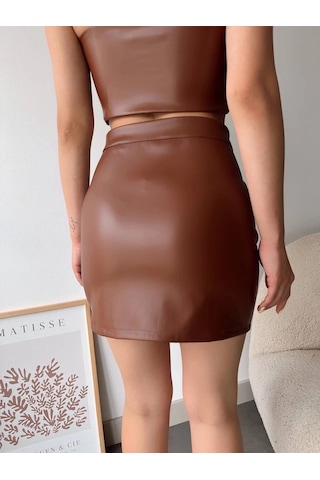 Dantelli Fermuarlı Deri Etek Kahve W24598 Kahve