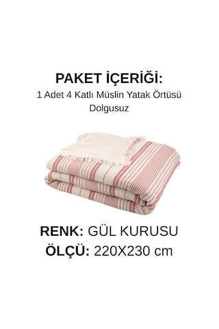 Natura Soft Ekru 4 Kat Müslin Çift Kişilik Yatak Örtüsü 220x230 Cm %100 Pamuk Çok Amaçlı Koltuk Örtüsü Ve Tv Battaniyesi Gül Kurusu