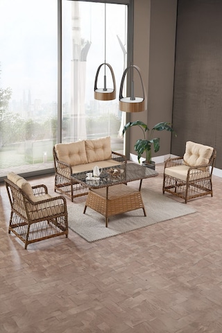 Breda Rattan Örgü Bahçe Balkon Takımı 2+1+1 Cam Masalı Kahve Kahve