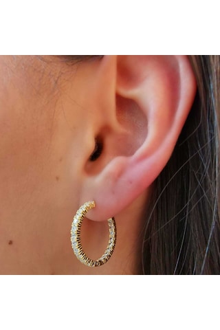 Halka Gümüş Küpe Zirkon Taşlı Gold Büyük