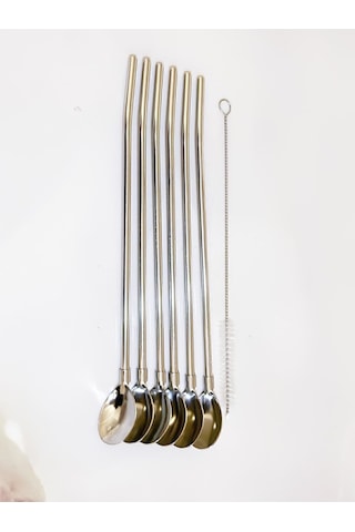 Kaşıklı Pipet Seti 6'lı Paslanmaz Çelik, Gold Renk - Metalik