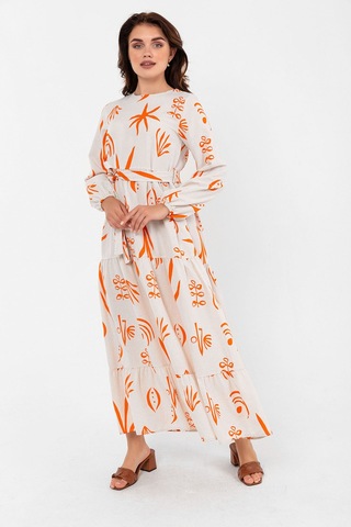 Desenli Yazlık Baharlık Keten Elbise 2103 Turuncu