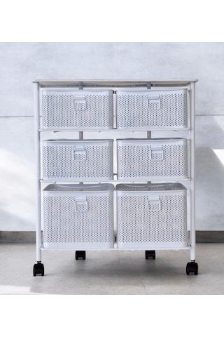 Metal Tekerlekli Paslanmaz Sebzelik 6 Bölmeli 3 Katlı Beyaz Beyaz