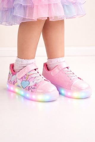 Mini Bonito Kız Çocuk Desenli Işıklı Led Tabanlı Simli Cırt Cırtlı Sneaker Pembe
