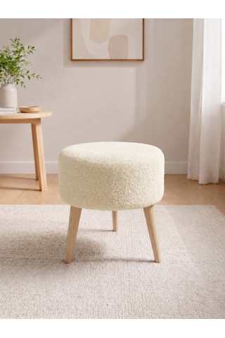 Krem Welsoft Kumaş Yuvarlak Puf Ahşap Ayaklı Demonte Modern Puf Tabure 40x42 Cm