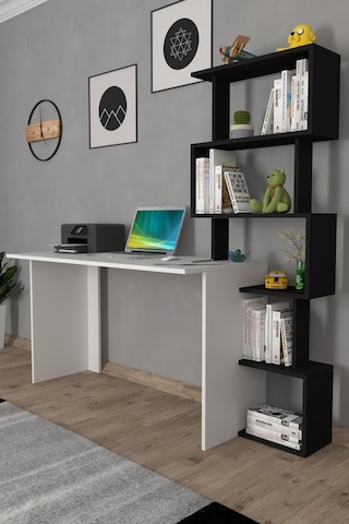 Moonlife Yakamoz Kitaplıklı Çalışma Masası Beyaz Siyah