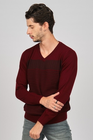 Desen Triko Erkek V Yaka Desenli Yün Kazak 0249640 Bordo Bordo