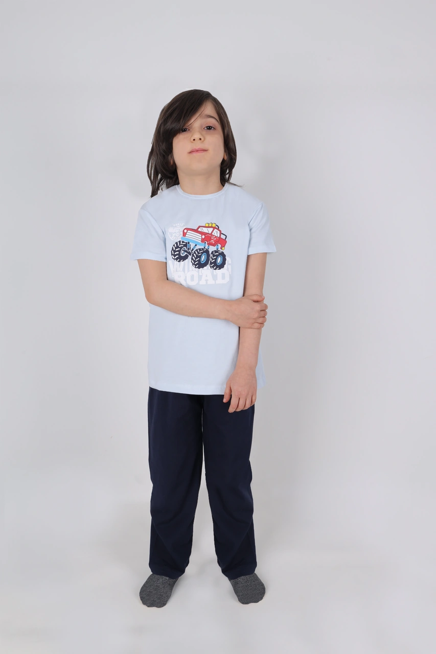 Koza İç Giyim Erkek Çocuk Pamuklu Kısa Kollu Baskılı Pijama Takımı A1123 Mavi - Lacivert