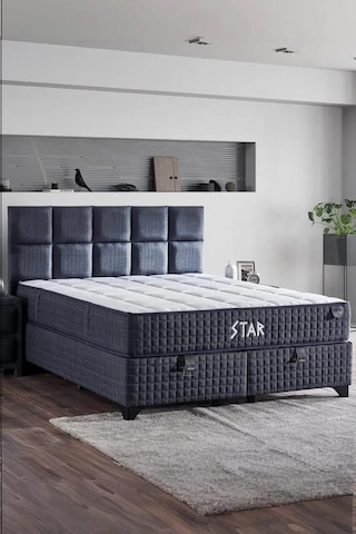 Star Yatak Seti 90x190 Cm Tek Kişilik Yaylı Sert Ortopedik Yatak Antrasit Lüks Baza Başlık Takımı 90 x 190