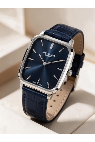 Lee Cooper Lacivert Deri Kayış Mavi Kadran 40 Mm Dikdörtgen Erkek Kol Saati, Bileklik Hediyeli Gümüş