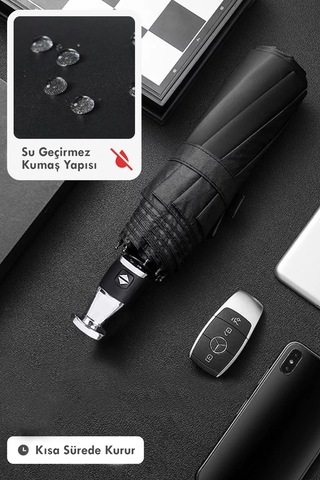 Fithome Tam Otomatik Roll Royce Model Şemsiye 10 Fiber Tel Rüzgarda Kırılmaz Şemsiye Siyah