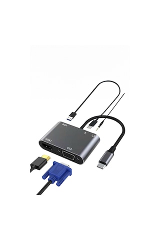 Thentech Usb C'den 4k Hdmı Vga Adaptörü Usb 3.0 Şarj Güç Portu İle All-in-one Hub Görüntü Aktarma Adaptörü