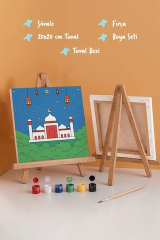 Renkli Minareli Cami Şövaleli Boya Seti 20x20