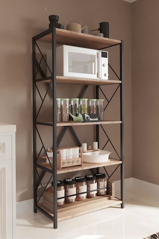 Morpanya Oven Metal Mutfak Rafı Malzeme Dolabı 5 Raflı Mikrodalga Fırın Rafı Çok Amaçlı Dolap Raf 150 Cm Ceviz