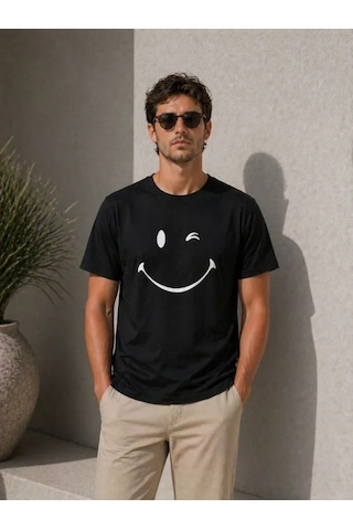 Modi Erkek Minimal Gülümseyen Yüz Baskılı Tişört Kısa Kol Yazlık T-shirt - Siyah Açık Lacivert - Gri - Siyah
