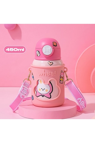 316 Paslanmaz Çelik Taşınabilir Çizgi Kahramanlı Fincan Çocuk Termos Açık Öğrenci Su Şişesi Bahar Kap Saman Fincan-Çin 450Ml Pembe