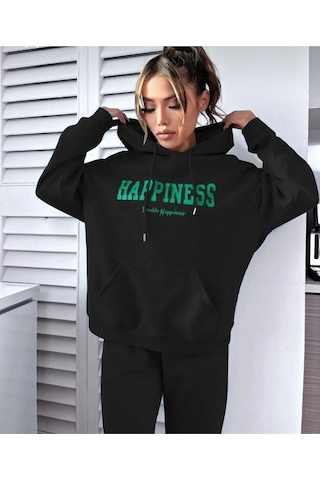 Siyah Happiness Kapüşonlu Kombin Alt Üst Eşofman Takımı Siyah