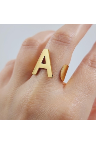 Çelik Gold Düz Kesim Harf Yüzük -a Harfi- Ayarlı Ölçü-1888
