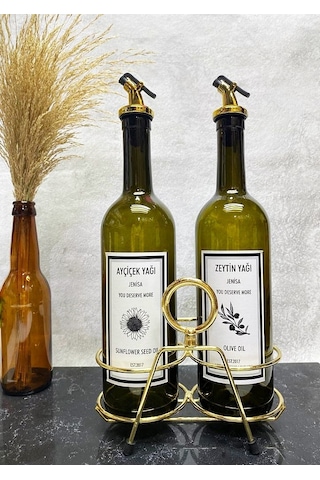 Altın Standlı Yuvarlak Figürlü 750ml Yeşil Amber Şişe Altın Akıtı