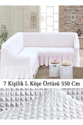 Upmall Bürümcük 7 Kişilik Köşe Koltuk, Kanepe Örtüsü, Koltuk Kılıfı, Lastikli, Etekli, L Köşe 550 Cm Beyaz Beyaz