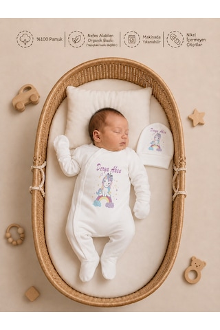 Pia Baby Kız Bebek Hastane Çıkışı İsimli Tulum Takımı Yastık Kılıfı Şapka Eldiven Kıyafet Kesesi Bebek Hediyesi 2046ytk3x Krem