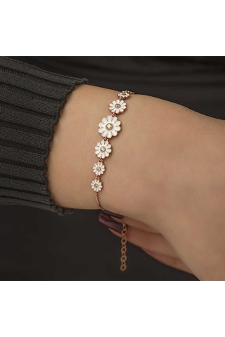 Gümüş Rose Sıralı Papatya Bayan Bileklik Rose