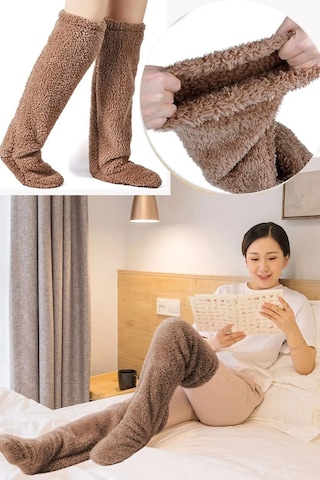 Sauna Suit Kahve Sock Peluş Uyku Çorabı Welsoft Diz Üstü Oda Çorabı Ayak Isıtıcı Uzun Gonç Çorap Kahverengi