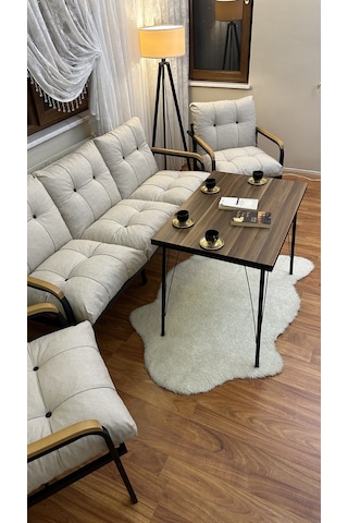 Modern Style Home Modern Kadıköy Balkon, Bahçe, Cafe - Metal Kanepe Koltuk Takımı - 3+1+1+masa Krem Modernk028 Krem