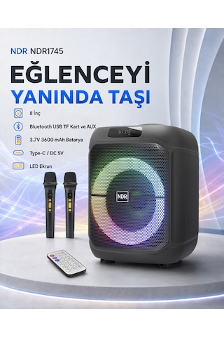 Ndr Ndr1745 Çift Karaoke Mikrofonlu Bluetooth Hoparlör Fm Radyo 20w 8 İnç Rgb Kumandalı Siyah