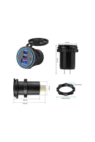 Usb Araç Tekne Şarj Soketi Pd3.0 Ve Qc3.0 Çift Usb-c Bağlantı Noktaları