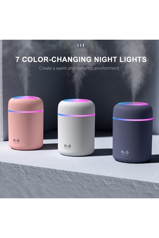 Kosona 300ml Usb Nano Sprey Oto Kapanır Renkli Işıklı Araç/ofis Ev Nemlendirici Gri