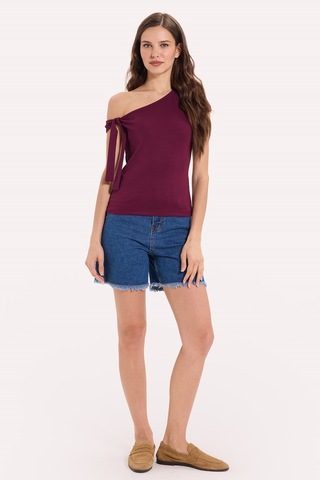 Tudors Kadın Slim Fit Dar Kesim Kısa Kollu Kayık Yaka Bordo Bluz-50537