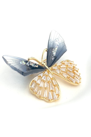 Broş Kadın Altın Kaplama Zirkon Taşlı Kelebek Yaka İğnesi Broş Si Altın - Siyah