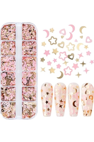 Pembe Ve Gold Tırnak Süsleme Folyo Pulları Karışık Dizayn Ay Yıldız Kalp Nail Art