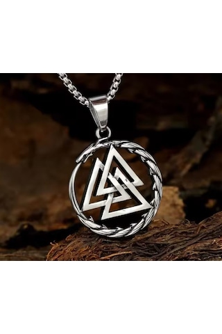 Aslanmaz Çelik Iskandinav Güç Simgesi Valknut Viking Kolye Gümüş