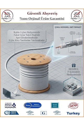 Trendhomm Anten Uydu Kablosu + 2 Adet F Konnektör - Rg6 - 50 Metre