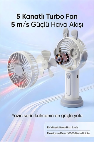 Şarjlı Taşınabilir Sevimli Kulak Tasarımlı Mini Fan 3 Kademeli Hız Telefon Standlı Vantilatör Gri