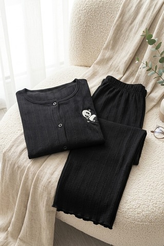Mataş Kadın Ayıcık Desenli Bambu Viskon Kısa Kollu Yumuşak Soft Örme Pijama Takımı Siyah