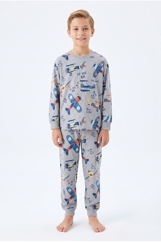 Bunny Hopp Erkek Çocuk Uzun Kollu Pijama Takımı %100 Pamuk Vintage Uçak Desenli Penye Gri