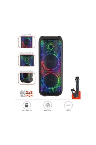 D64 Siyah Rgb Ledli Dahili Kablosuz Mikrofon Kumandalı Radyolu Bluetooth Hoparlör Speaker
