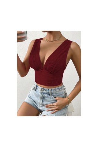 Meren Like Your Syle Bordo Derin Yaka Kısa Üst Crop Bordo