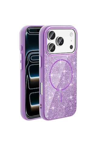 Subutu Apple Uyumlu iPhone 17 Pro Kılıf M-safe Şarj Özellikli Parlayan Simli Sbt Okso Kapak - Derin Mor Mor
