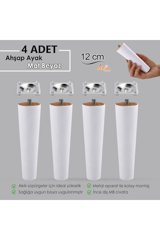 4 Adet Ahşap Ayak 12 Cm Beyaz M8 Civatalı Bağlantı Aparatlı Dolap Mobilya Koltuk Kanepe Destek Ayağı Ayakları Beyaz