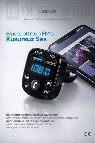 Jopus Bluetooth FM Transmitter Kablosuz Araç İçi Kiti Çakmaklık Şarj Aleti Oto MP3 Çalar USB Araç Müzik Ad