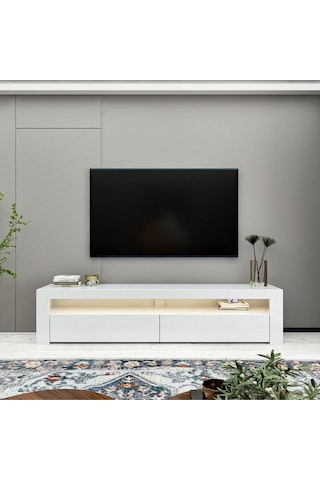 Batı LED Işıklı 2 Kapaklı TV Sehpası – 150 cm – Minimal Tasarım, Parlak Beyaz