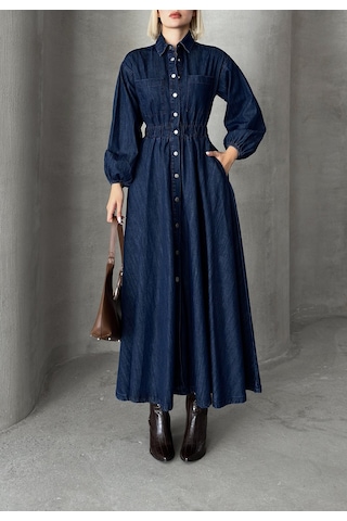 Olcay Beli Büzgülü Çıt Çıt Kapamalı Denim Elbise Koyu Mavi 9249-e