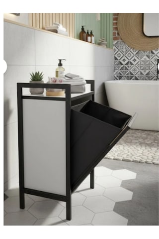 Kapaklı Çamaşır Sepeti & Banyo Düzenleyici Dolap Metal Ayaklı Modern Kirli Sepeti Organizer Beyaz