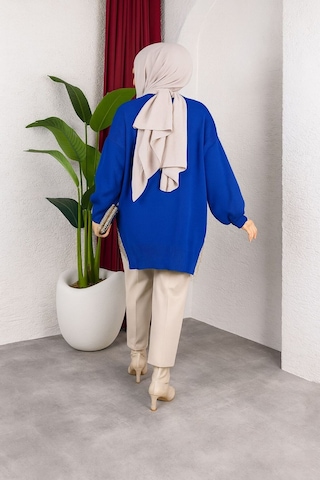 Hira Life Fashion Kadın Testtür Giyim Bisiklet Yaka Yırtmaçı Taşlı Ve Balon Kollu Oversize Şık Triko Tunik Mavi Mavi