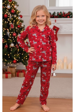 Kız Çocuk Yılbaşı Yeniyıl Temalı Pazen Pijama Takımı Kapı-8255 Kırmızı